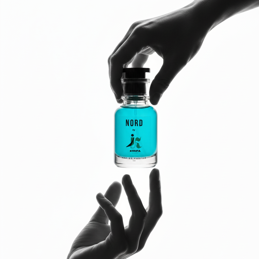 Hand holding a small blue bottle labeled 'NORD' against a white background
